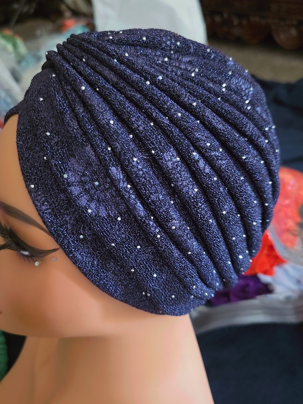 Rhinestone Pleated Navy Turban Hat - Women Accessories